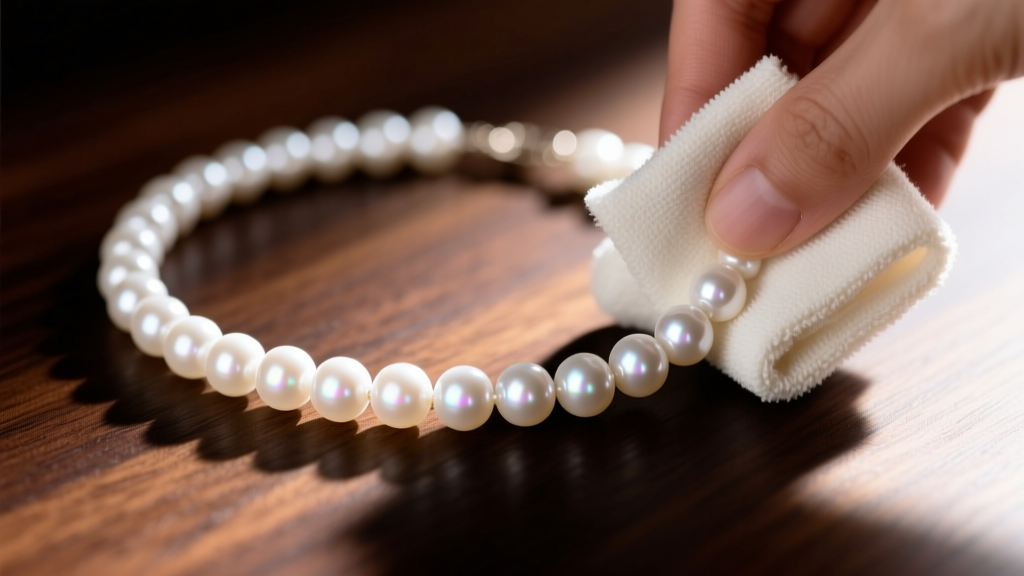 Macro shot of a white Akoya pearl necklace being carefully wiped with a dry microfiber chamois cloth on a dark wood surface