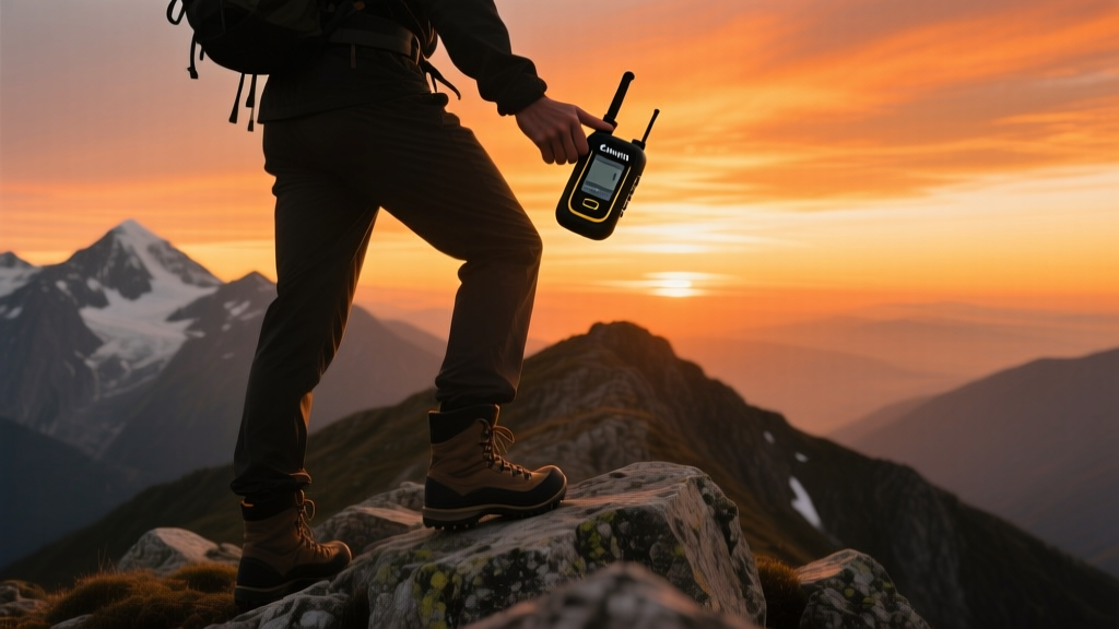 Hiker using Garmin inReach Messenger 2 satellite communicator on a rocky alpine ridge during golden hour sunset