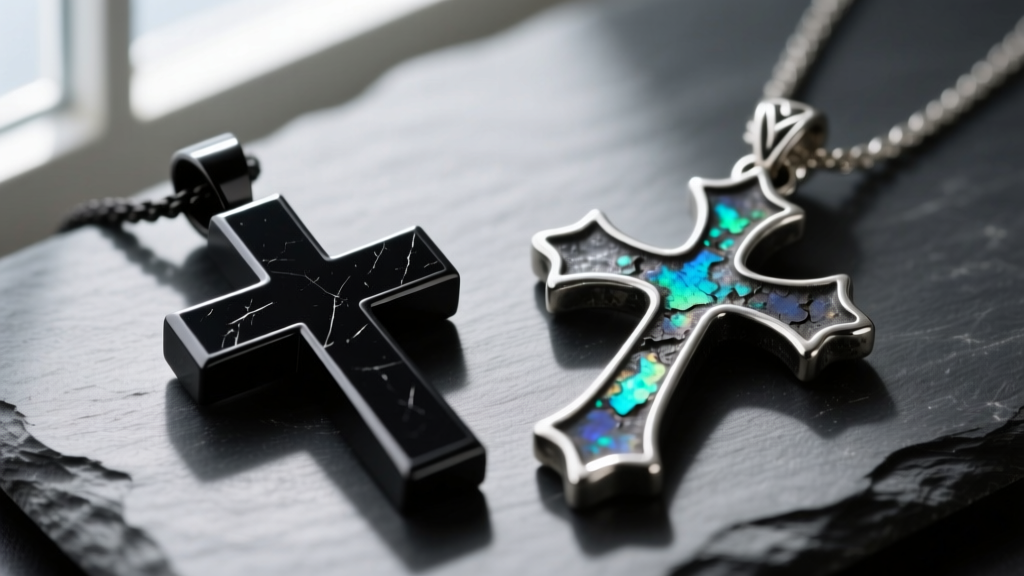 Macro shot comparing a matte PVD black steel cross pendant with an oxidized silver gothic cross resting on a dark slate surface.
