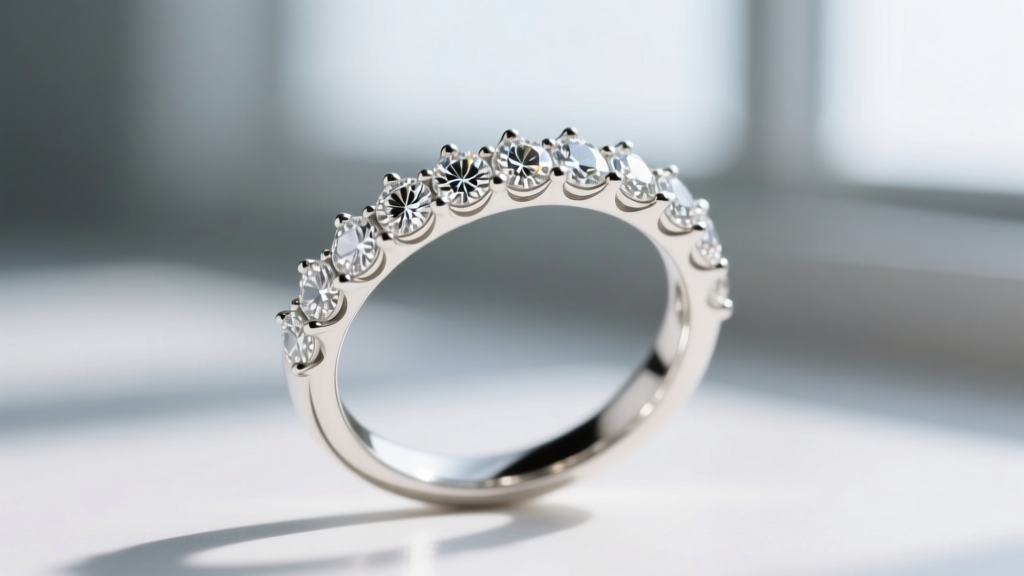 Macro view of scalloped pave setting on curved white gold hoop, showing rhodium plating and tiny prongs gripping bright diamonds.