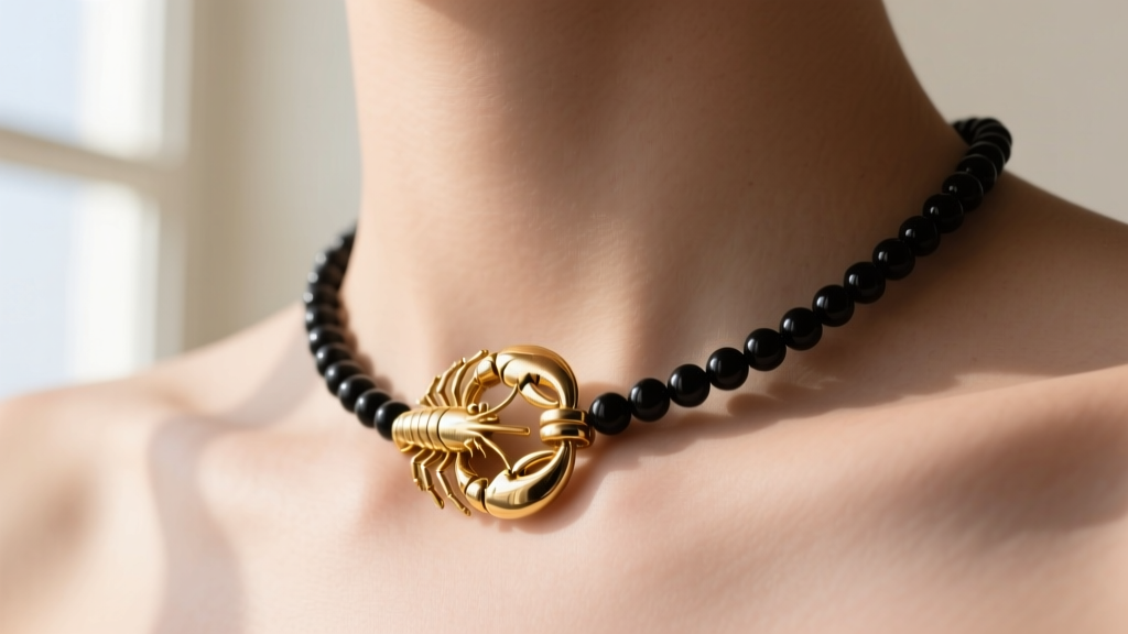 Close-up of a secure 14k gold lobster clasp on a delicate 2mm black bead necklace, resting against a model's collarbone and skin.