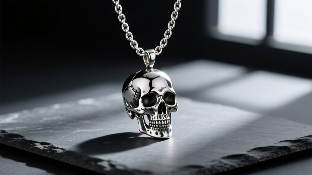 Oxidized sterling silver skull pendant on an 8mm Cuban link chain, resting on dark slate with dramatic side lighting.