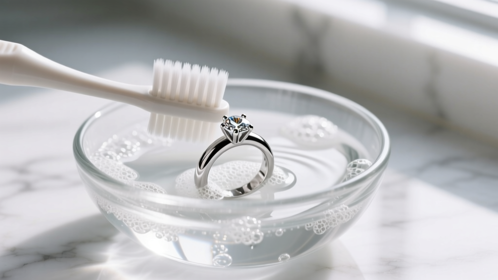 Soft bristle toothbrush gently scrubbing a rhodium-plated silver ring with a halo diamond setting in a bowl of soapy water