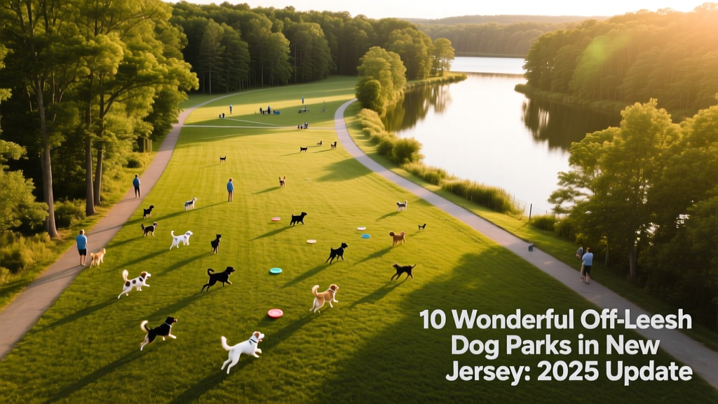 Aerial view of Timber Creek Pooch Park showing its large off-leash field, adjacent wooded trails, and nearby lake with walking path