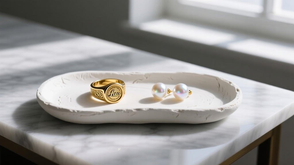 Matte white air dry clay jewelry tray holding a gold signet ring and pearl earrings, photographed from above on a marble desk.