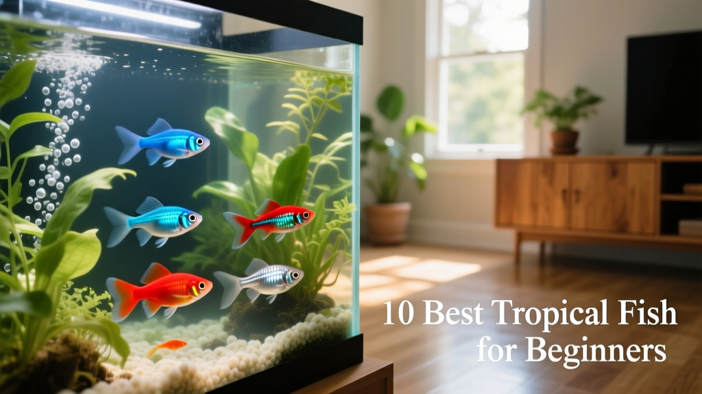 A vibrant community aquarium with guppies, neon tetras, and harlequin rasboras swimming peacefully among live plants and gentle filtration