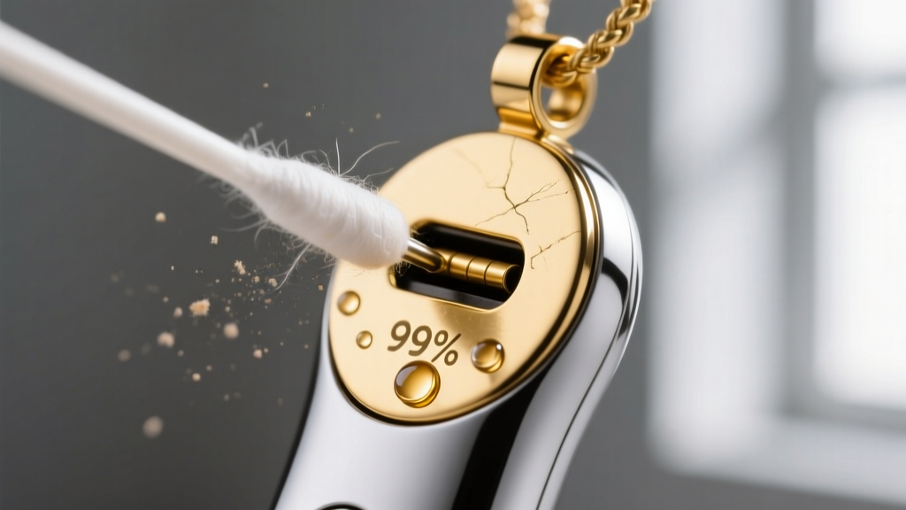 Close-up of a swab cleaning gold pogo charging pins on the back of a vibrating smart haptic pendant using 99% isopropyl alcohol