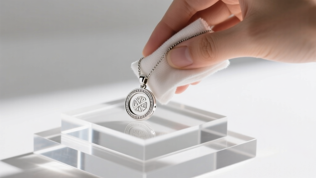 Hands wiping a silver pendant necklace with a microfiber cloth before hanging it on a clear acrylic multi-tier jewelry stand.