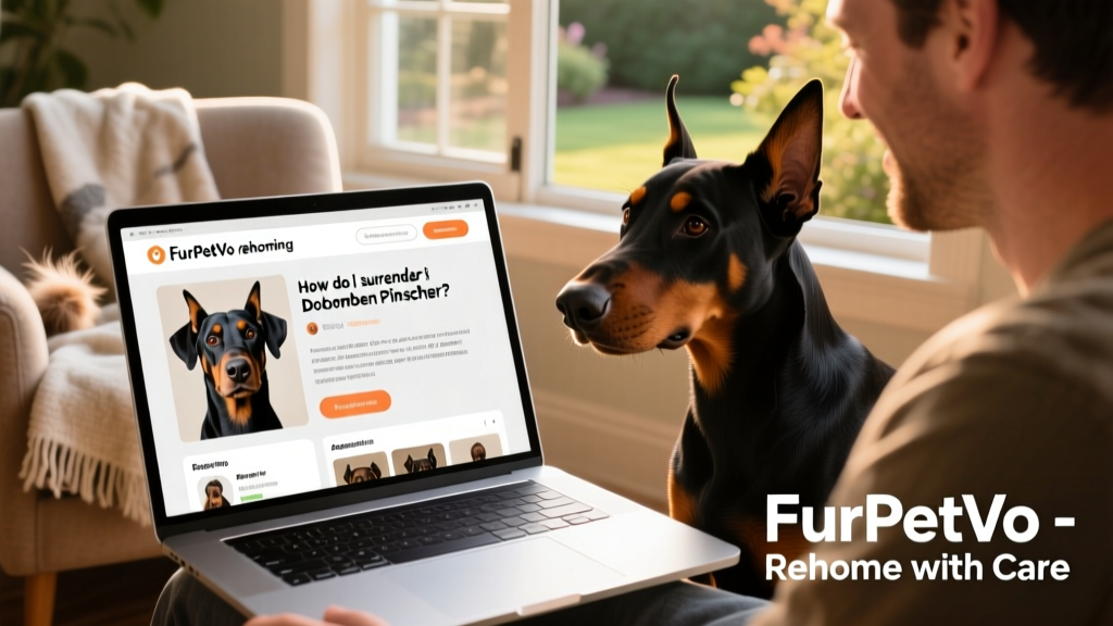 A laptop screen showing the FurPetVo rehoming platform with a Doberman profile open, including photos and bio details