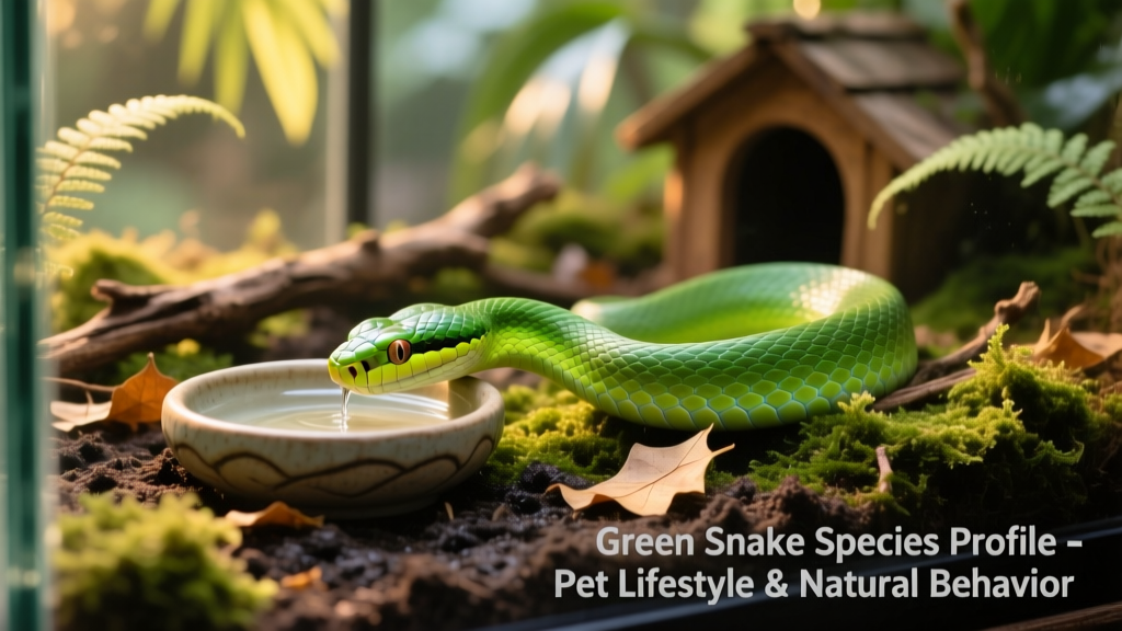 Side view of a green snake drinking from a shallow, ceramic water dish in a terrarium with moist moss and leaf litter