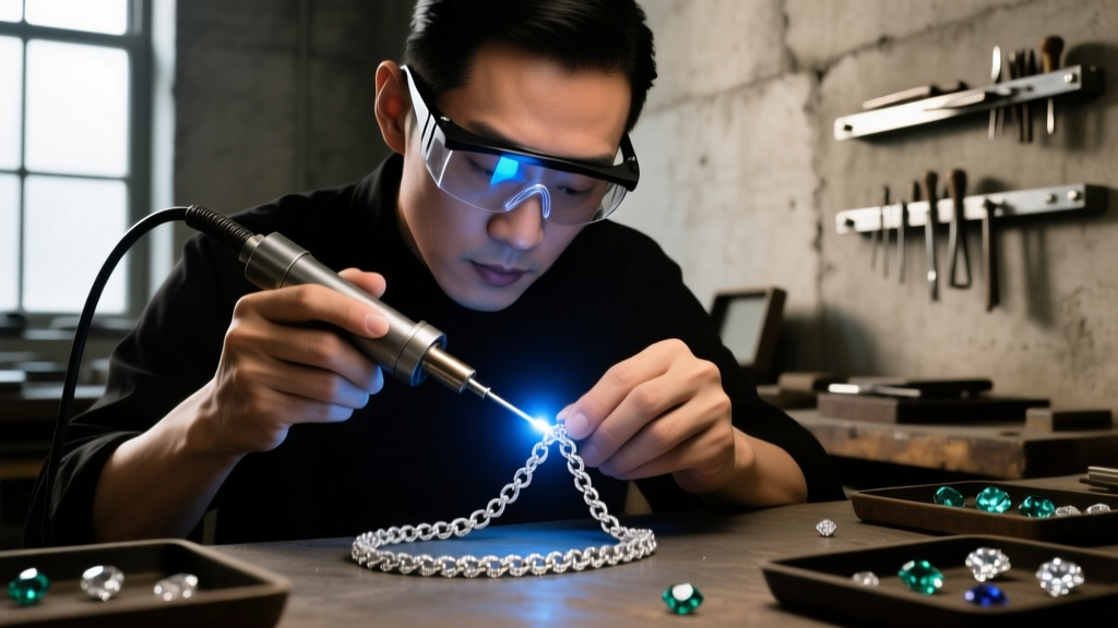Jeweler using a laser welder to repair a delicate platinum box chain, wearing protective safety glasses in a dim workshop.