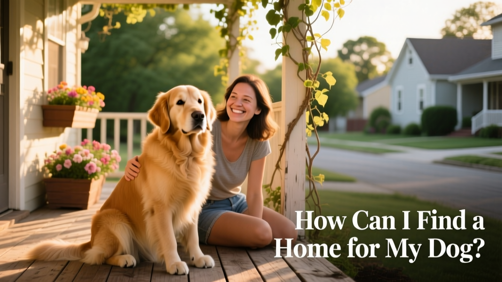 A calm, friendly dog sitting beside a smiling person on a sunlit porch