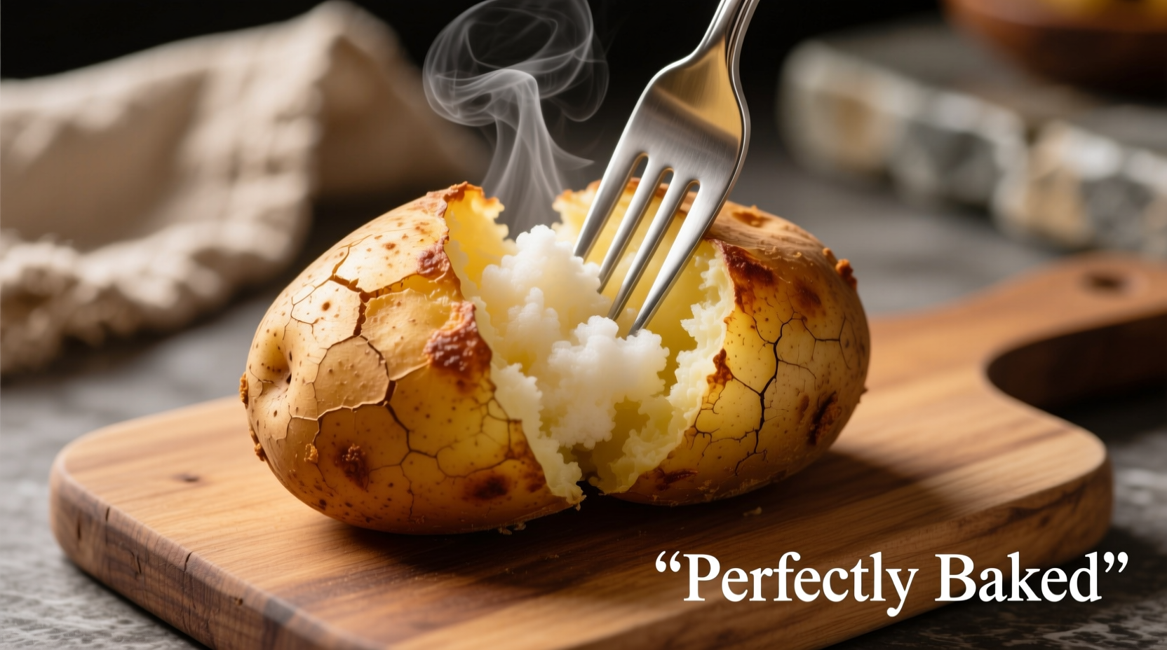 Perfectly baked potato with fork showing fluffy interior
