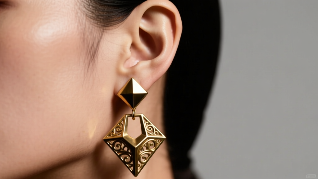 Ear wearing a heavy sculptural brass drop earring, studio lighting highlighting earlobe tension and metallic surface texture.