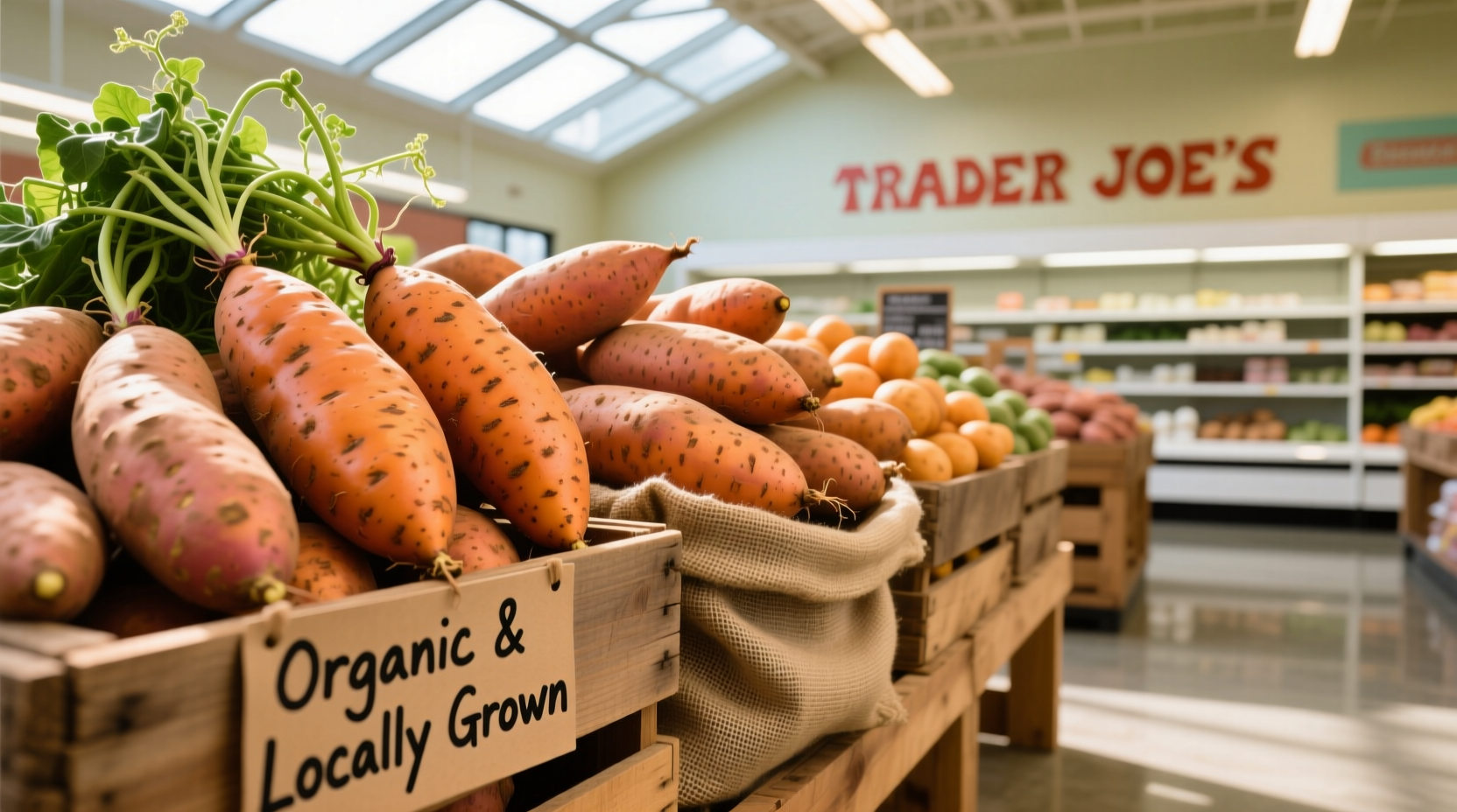 Fresh sweet potatoes arranged in Trader Joe's produce section