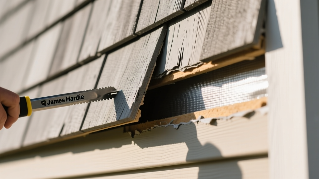 Close-up of James Hardie fiber cement shake siding being repaired with a pry bar, revealing the weather-resistant barrier