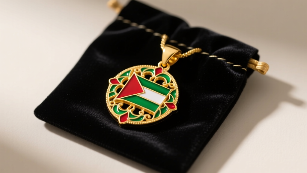 Gold Palestine pendant with green and red enamel details safely stored inside a dark velvet anti-tarnish jewelry pouch, top-down.