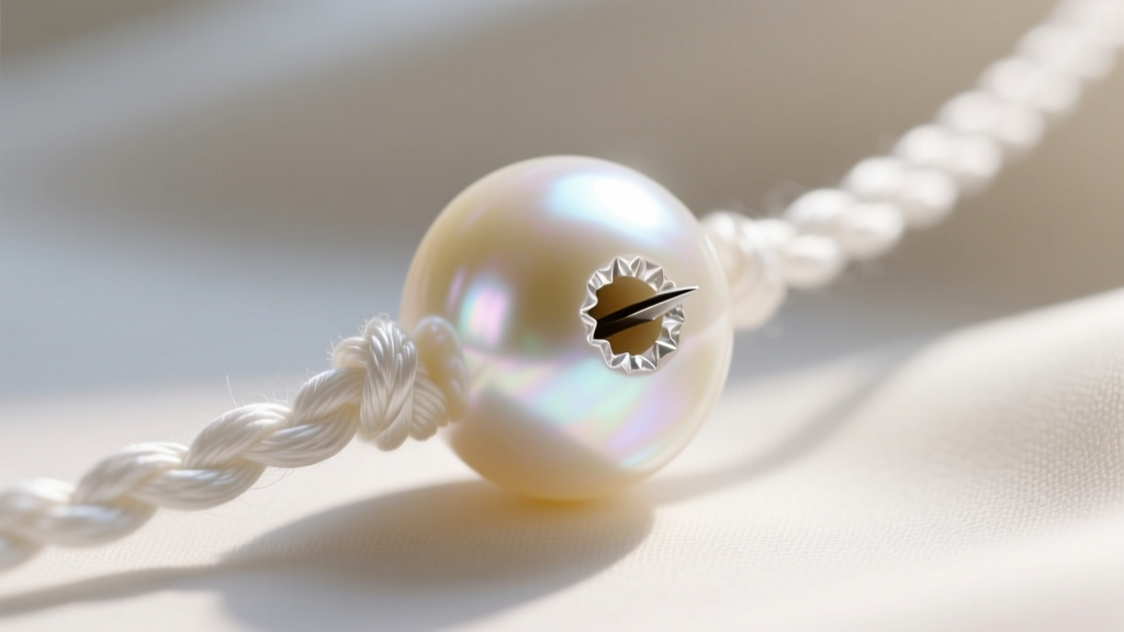 Extreme close-up of a pearl drill hole revealing clean edges without chipping, strung on knotted white silk thread