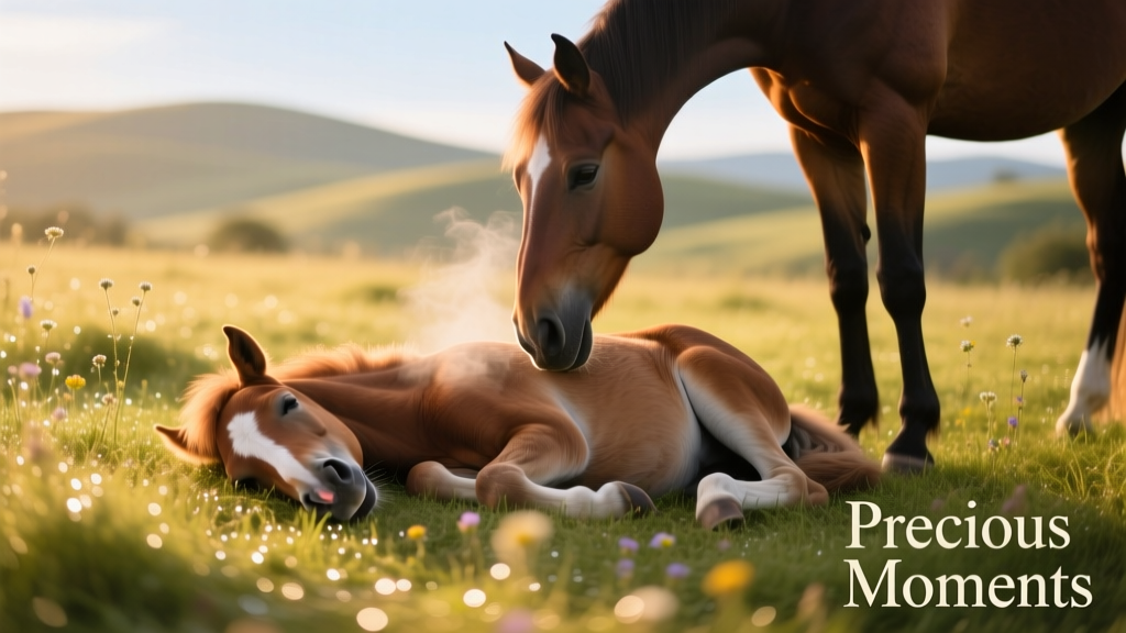 Happy Horse Snoring During a Nap in the Grass with Mom Is Positively Precious