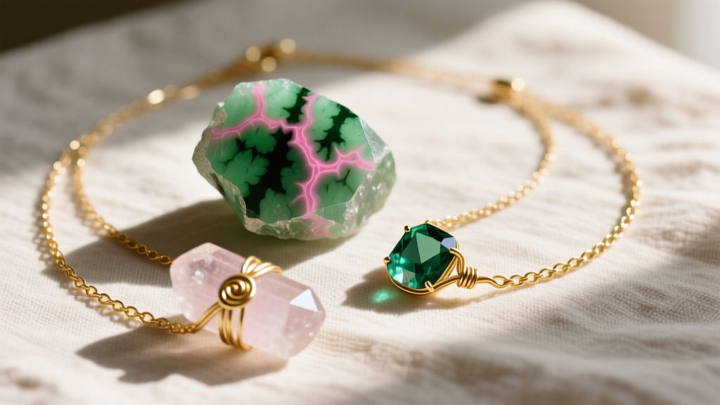 Flat-lay of raw watermelon tourmaline and gold wire-wrapped necklaces on textured linen in natural sunlight