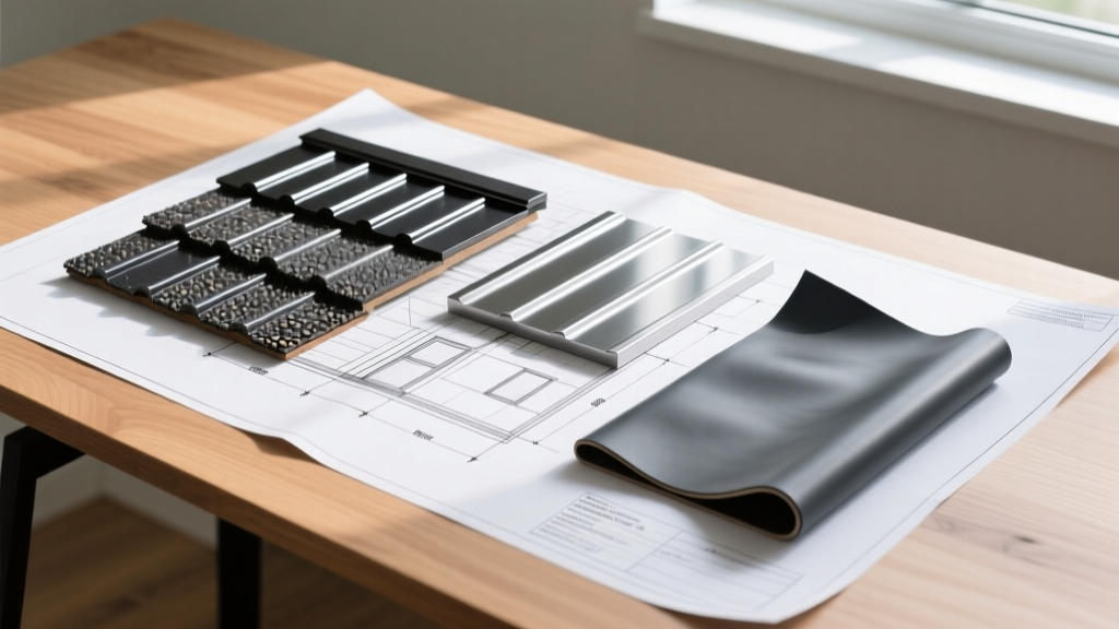 Architectural blueprint overlaid with physical samples of asphalt shingles, standing seam metal panels, and EPDM rubber membrane on a wooden desk