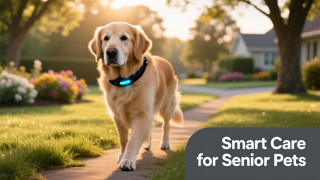 Senior golden retriever wearing a sleek, lightweight activity-tracking collar while walking gently on a grassy path