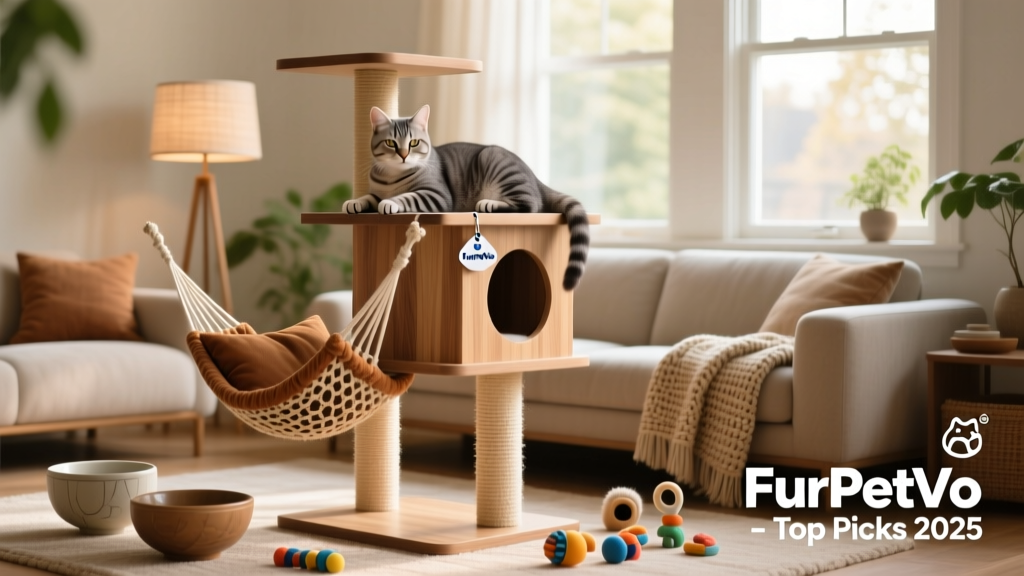 A cozy living room with a sleek cat tree, soft bedding, and stylish accessories—all from FurPetVo