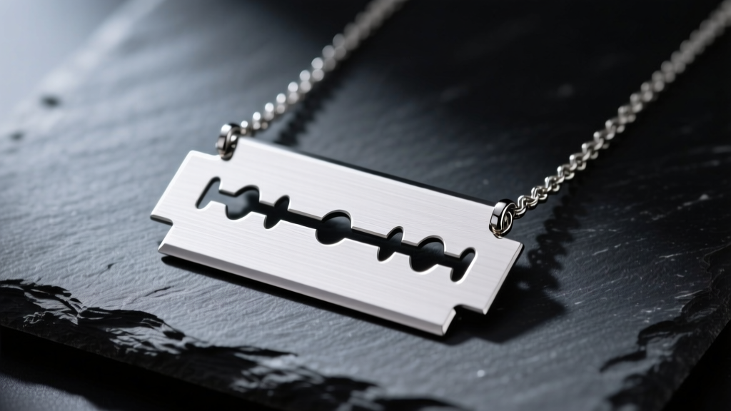 Polished 316L stainless steel razor blade necklace on dark slate, reflecting soft studio lighting along its sharp edges and slot.
