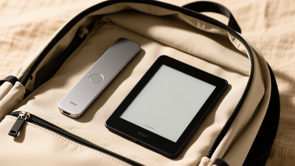 Overhead shot of a commuter backpack contents, showing a tablet, ultra-slim magnetic stand, and e-reader neatly organized in a tech pouch.