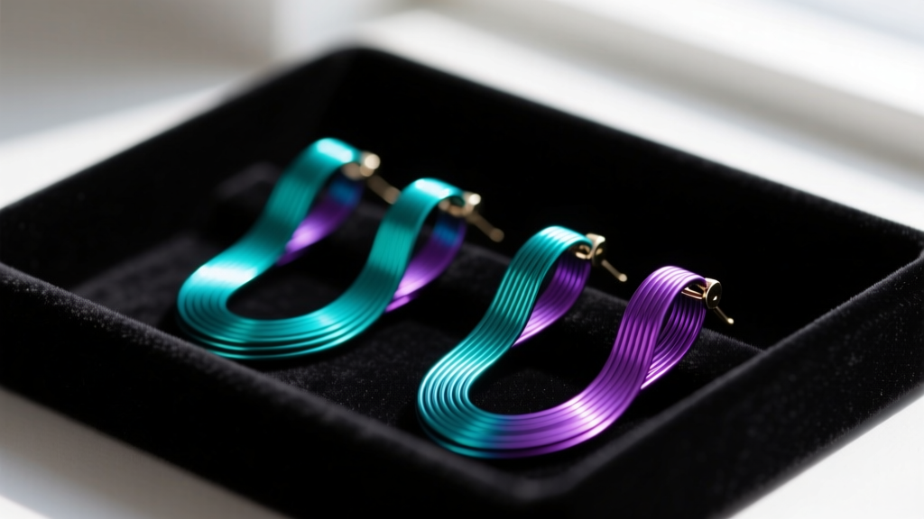 Vibrant teal and purple anodized niobium earring wires displayed in a dark velvet tray, highlighting hypoallergenic metal options