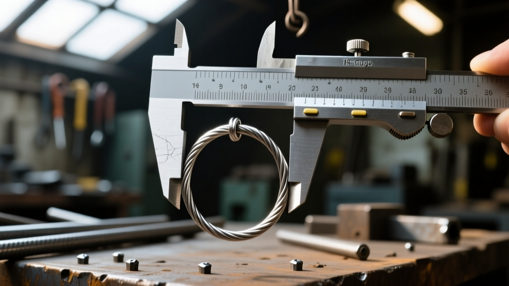 Digital calipers measuring the wire thickness of a 16-gauge steel cartilage hoop, macro lens, blurred metal workshop background.