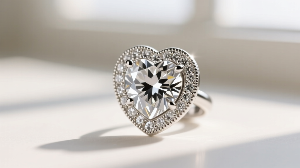 Macro shot of a silver-topped gold heart-shaped diamond earring with old European cut stones and delicate milgrain edges
