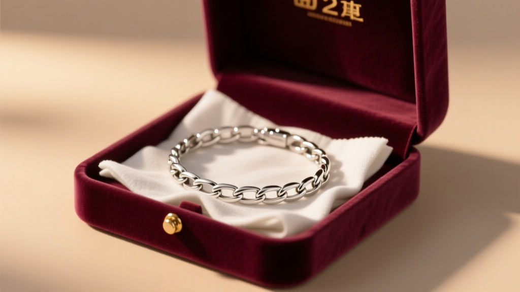 Open velvet gift box revealing a polished 925 sterling silver tennis bracelet beside a microfiber polishing cloth in warm lighting