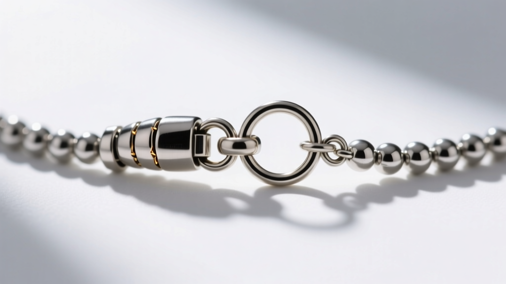 Macro view of a 5.0mm lobster clasp and 16 gauge soldered jump ring connecting to a 1.5mm stainless steel bead chain necklace clasp