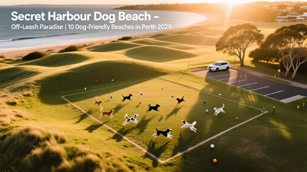 Aerial view of Secret Harbour Dog Beach showing defined off-leash area with dogs playing, nearby grassy dunes, and a small car park