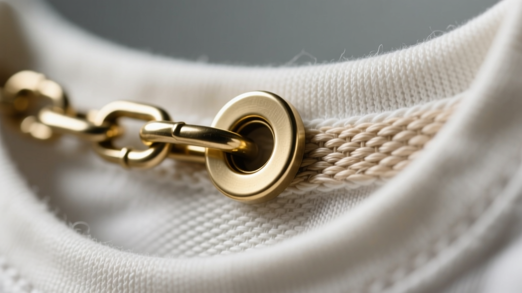 Macro shot of a brass grommet reinforcing a chain attachment on a cotton t-shirt, revealing the interior twill tape fabric backing