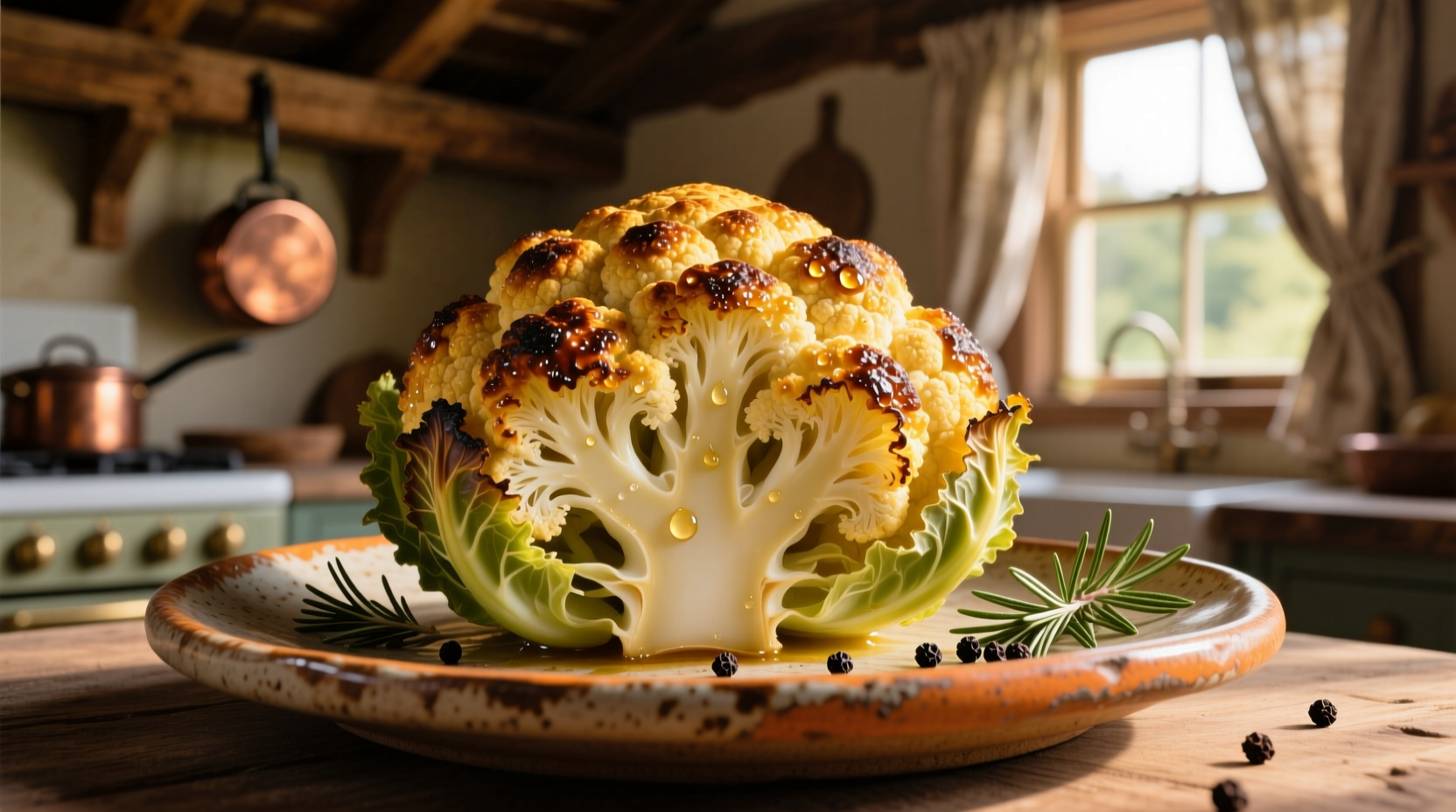 Golden roasted whole cauliflower on ceramic platter