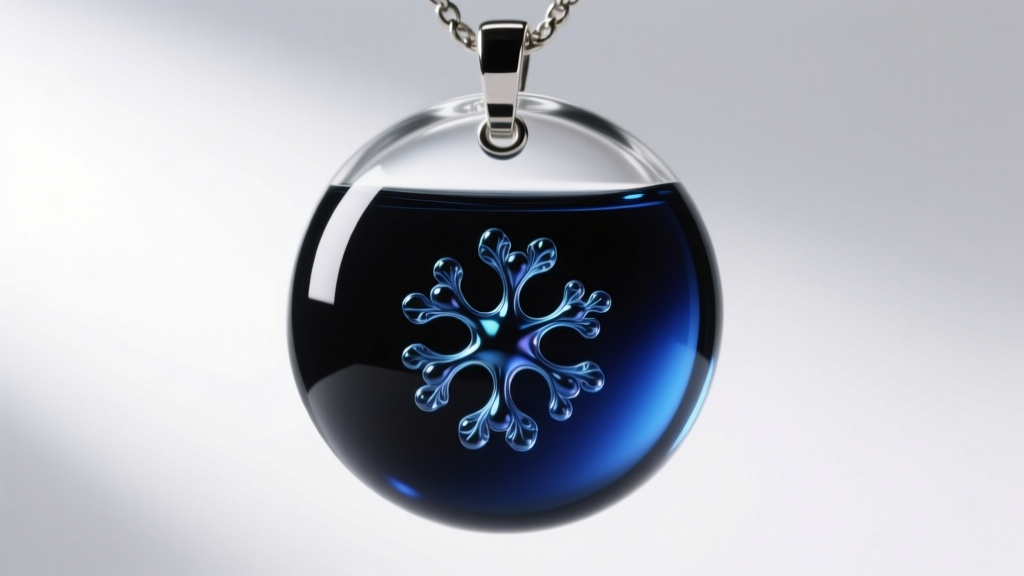 Macro photography of thermochromic liquid crystals inside a glass mood pendant showing the molecular shift from black to dark blue.
