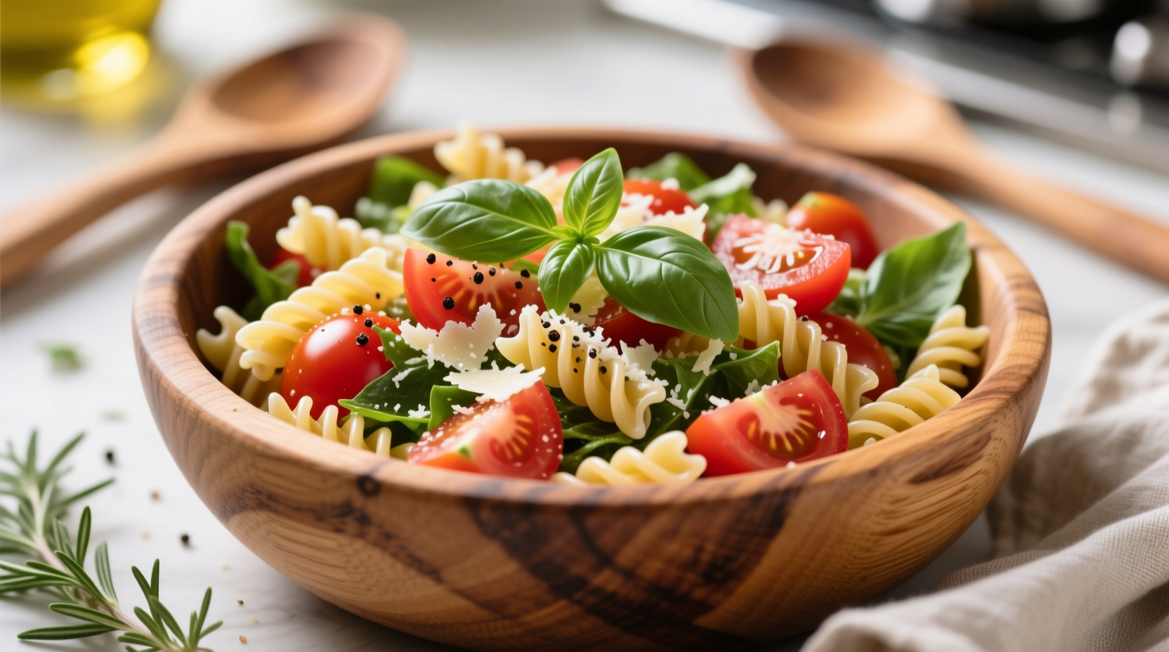 Fresh tomato basil pasta salad in wooden bowl