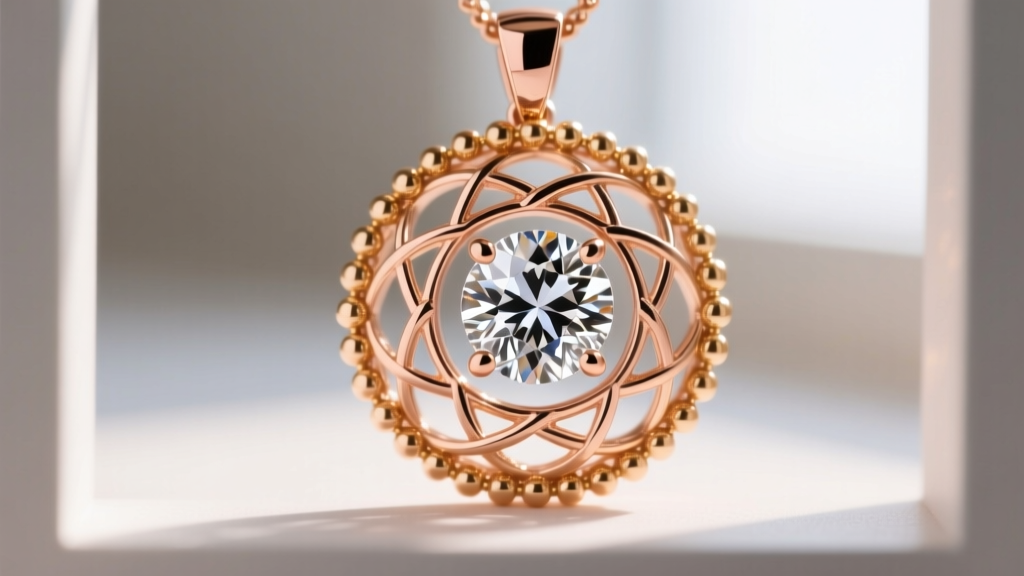 Macro shot of a rose gold Perlée diamond pendant highlighting the golden beaded border and brilliant pavé diamond center.