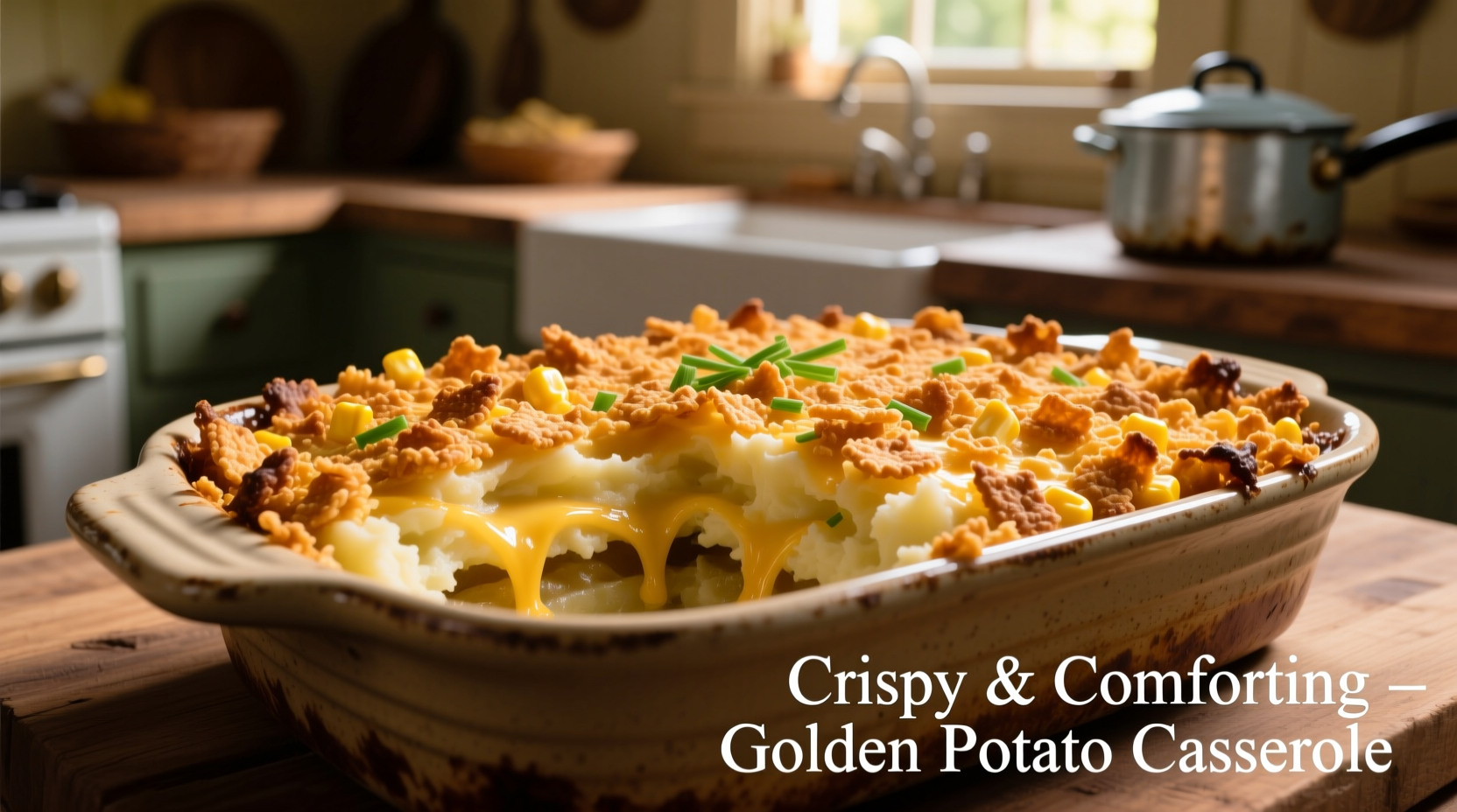 Golden potato casserole with crispy corn flake topping