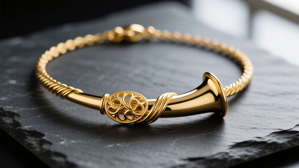 Close-up of an 18k yellow gold Italian horn necklace on dark slate, highlighting the high-polish finish and intricate twisted bail.