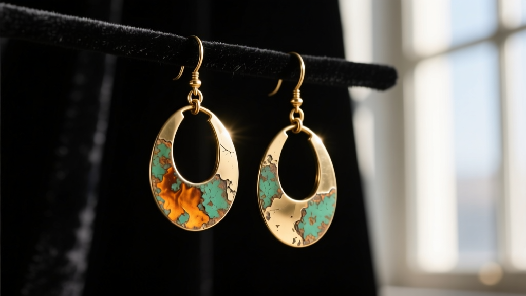Macro shot of raw brass bohemian dangle earrings showing early oxidation and patina against dark velvet for high contrast.
