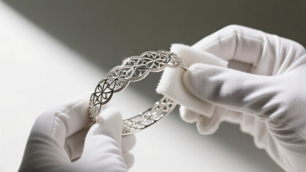 Hands wearing white cotton gloves polishing a delicate sterling silver filigree bracelet with a specialized microfiber cloth.
