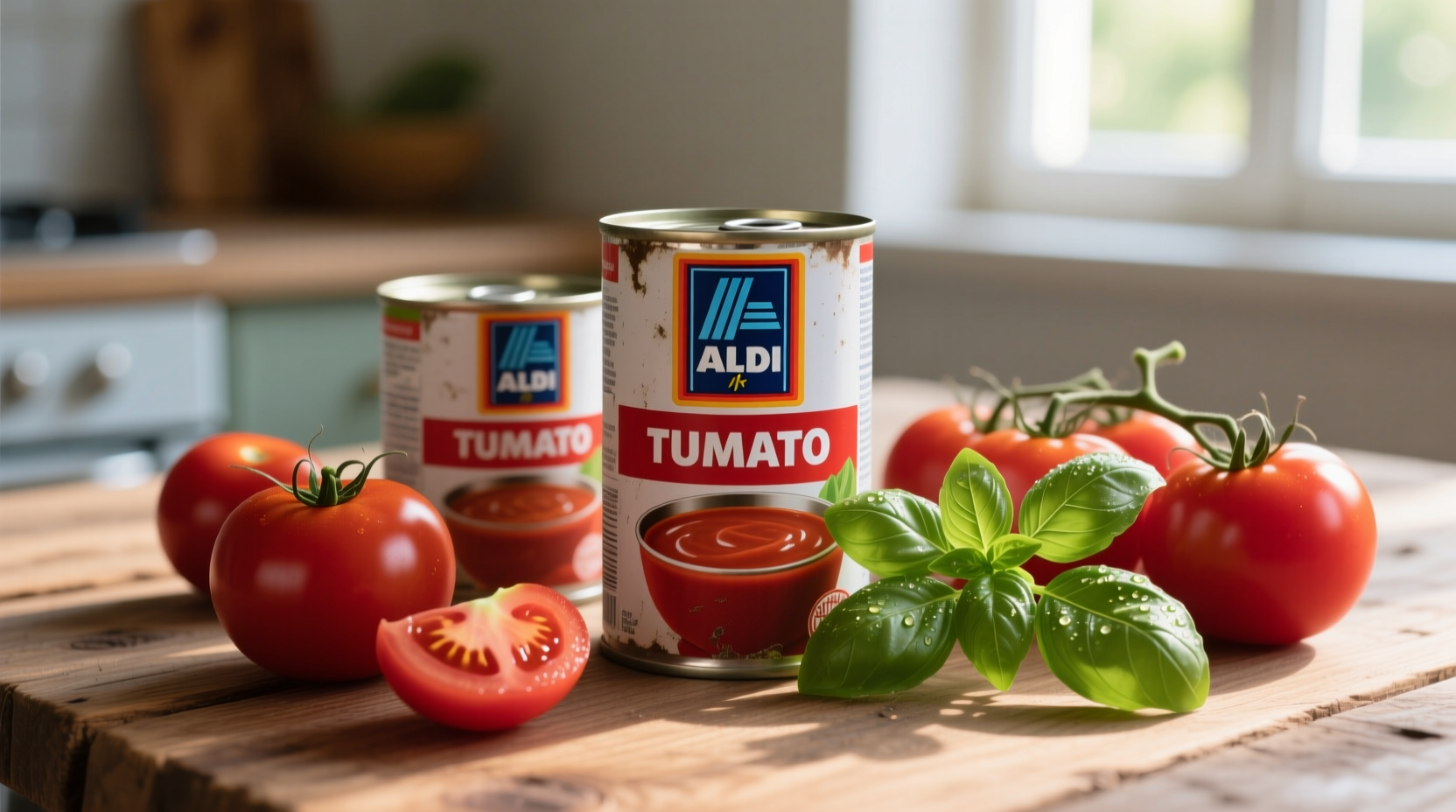 Aldi tomato soup cans next to fresh basil and tomatoes