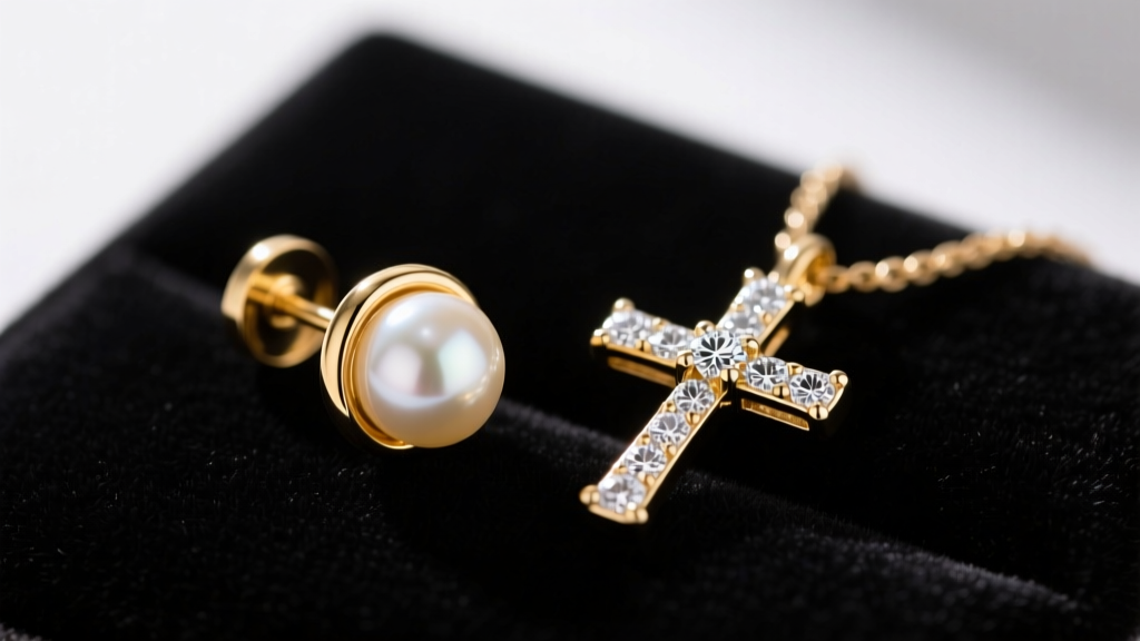 Macro shot of a 14k gold helix stud with a pearl beside a delicate diamond-encrusted cross pendant earring resting on dark velvet