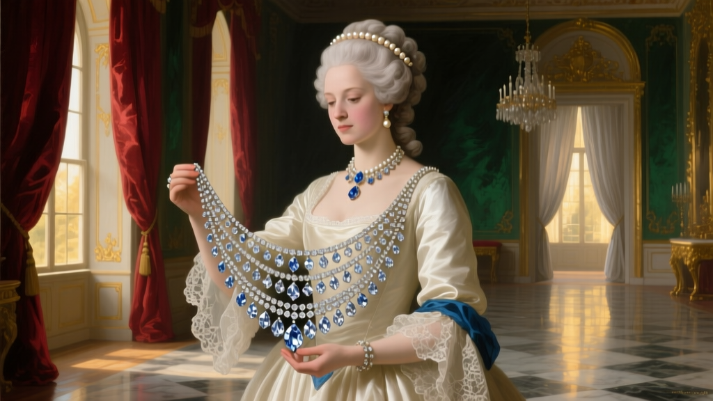 Oil painting style illustration of Marie Antoinette examining a massive multi-tiered diamond festoon necklace in a dim palace room