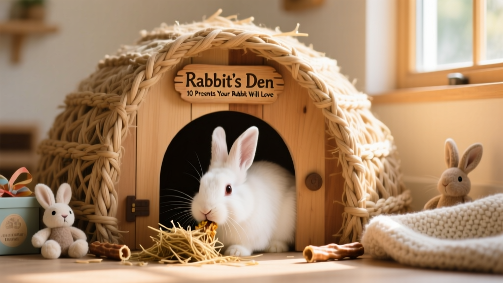 A relaxed rabbit nibbling on a hay-based treat inside a cozy igloo hideout