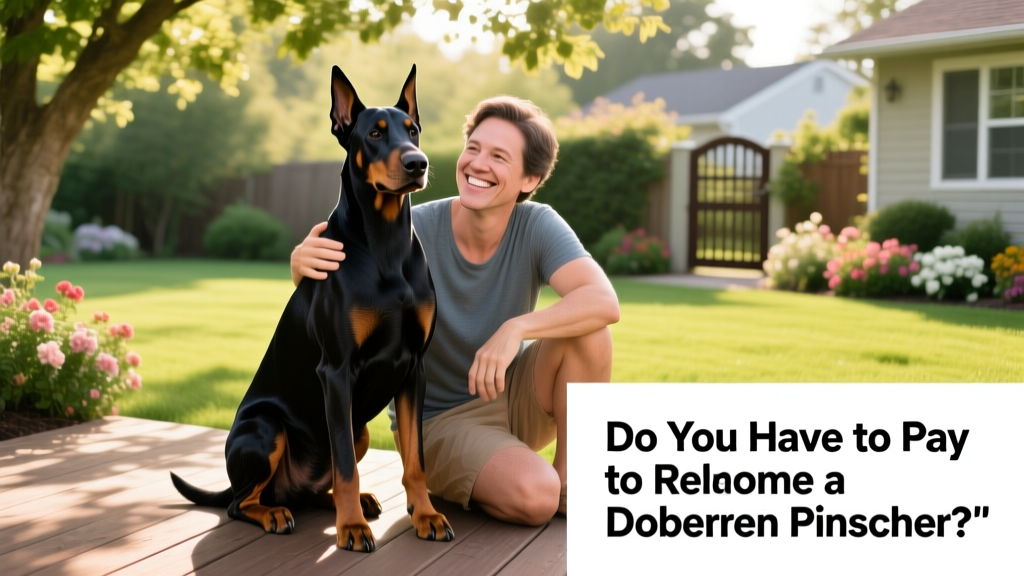 A calm, well-groomed Doberman Pinscher sitting beside a smiling adult in a sunlit backyard