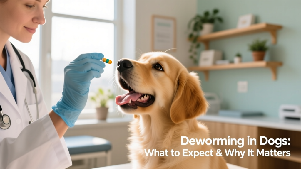 Close-up of a veterinarian gently examining a puppy’s mouth while holding a dewormer tablet